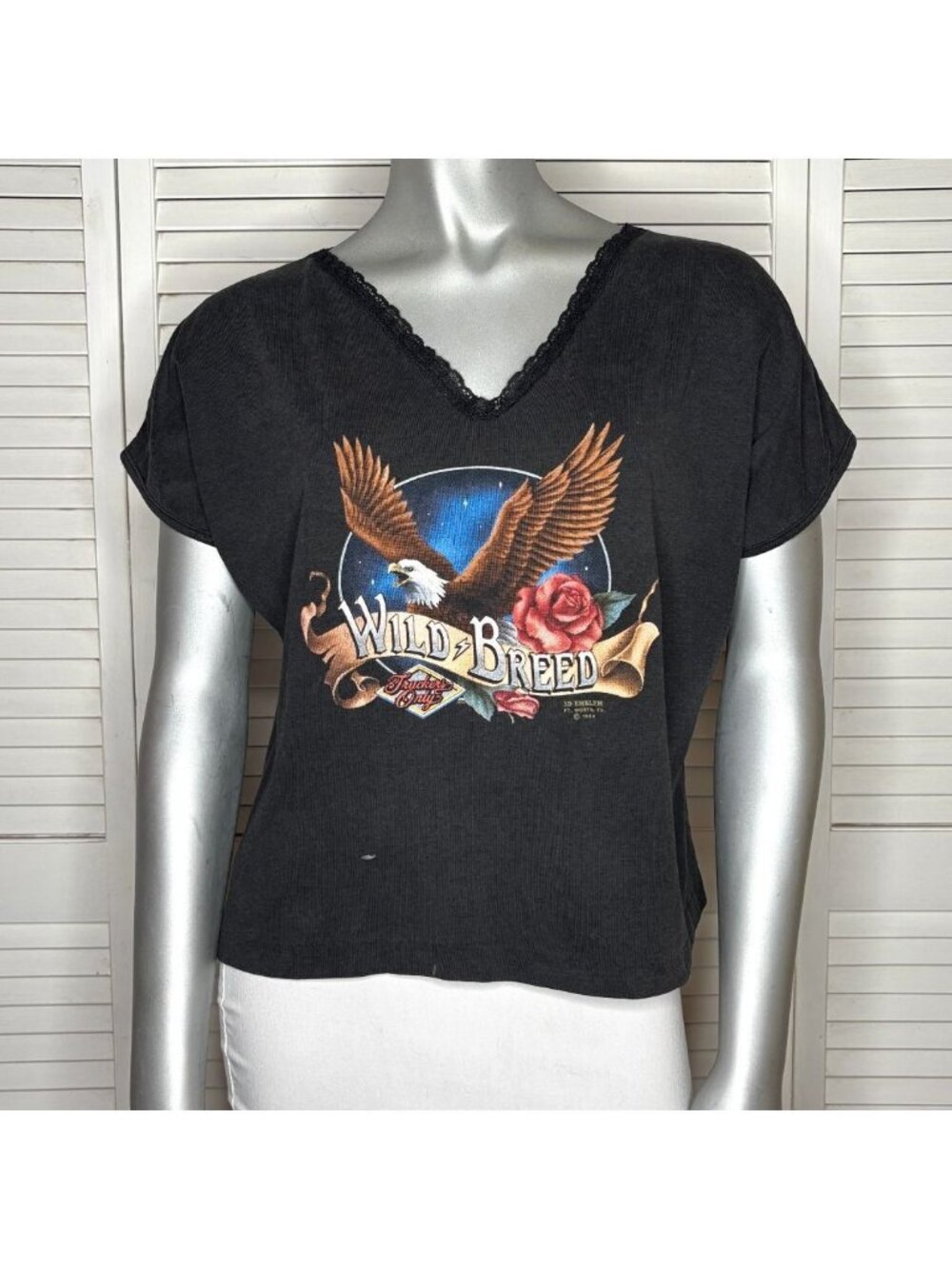Vintage 1988 3D Emblem Wild Breed Eagle Trucker Tee Reworked Crop Lace Trim S/M